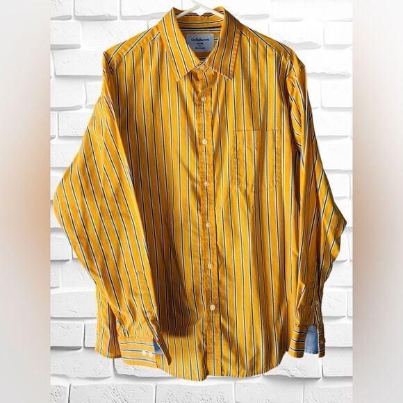 Croft & Barrow Men’s Large Yellow w/Blue Stripes Long Sleeved Button Up Shirt - Picture 1 of 8